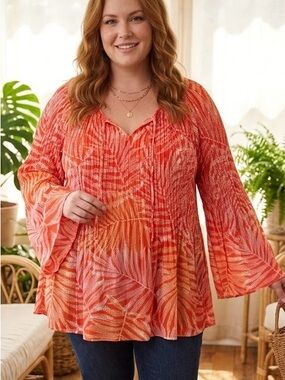 Sunny Leigh Orange Tropical Pleated Bell Sleeve Blouse 1X Peasant Boho Plissé